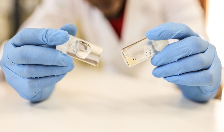 Man holding two vials in a lab
